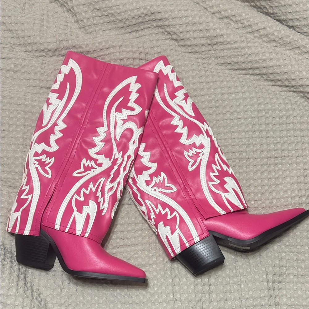 Stylish Pink and White Heeled Boots